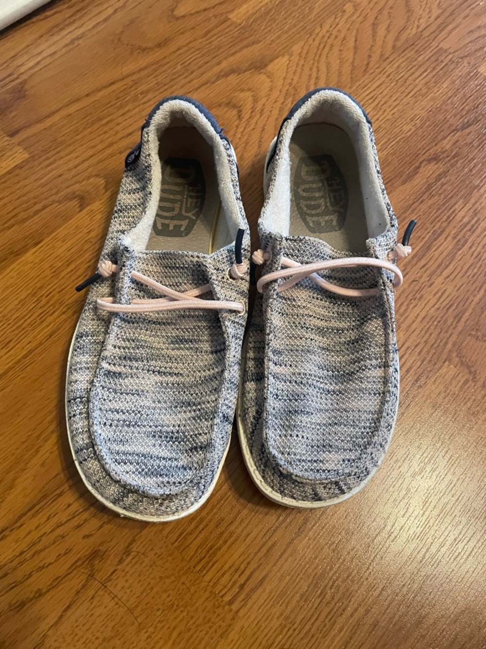 Hey Dude Light Gray Knit Slip-On Shoes with Pink Laces
